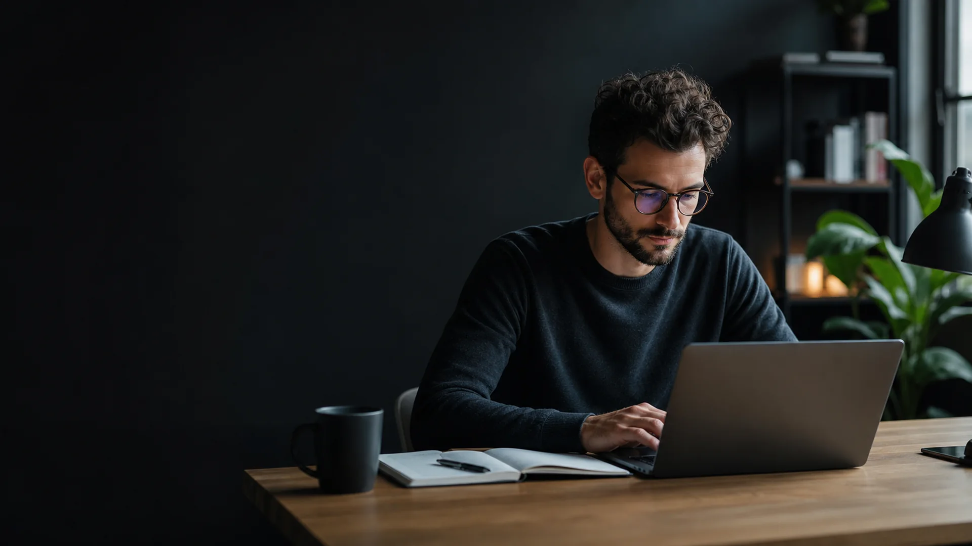 Freelance web travaillant sur ordinateur dans un bureau sobre et creatif.