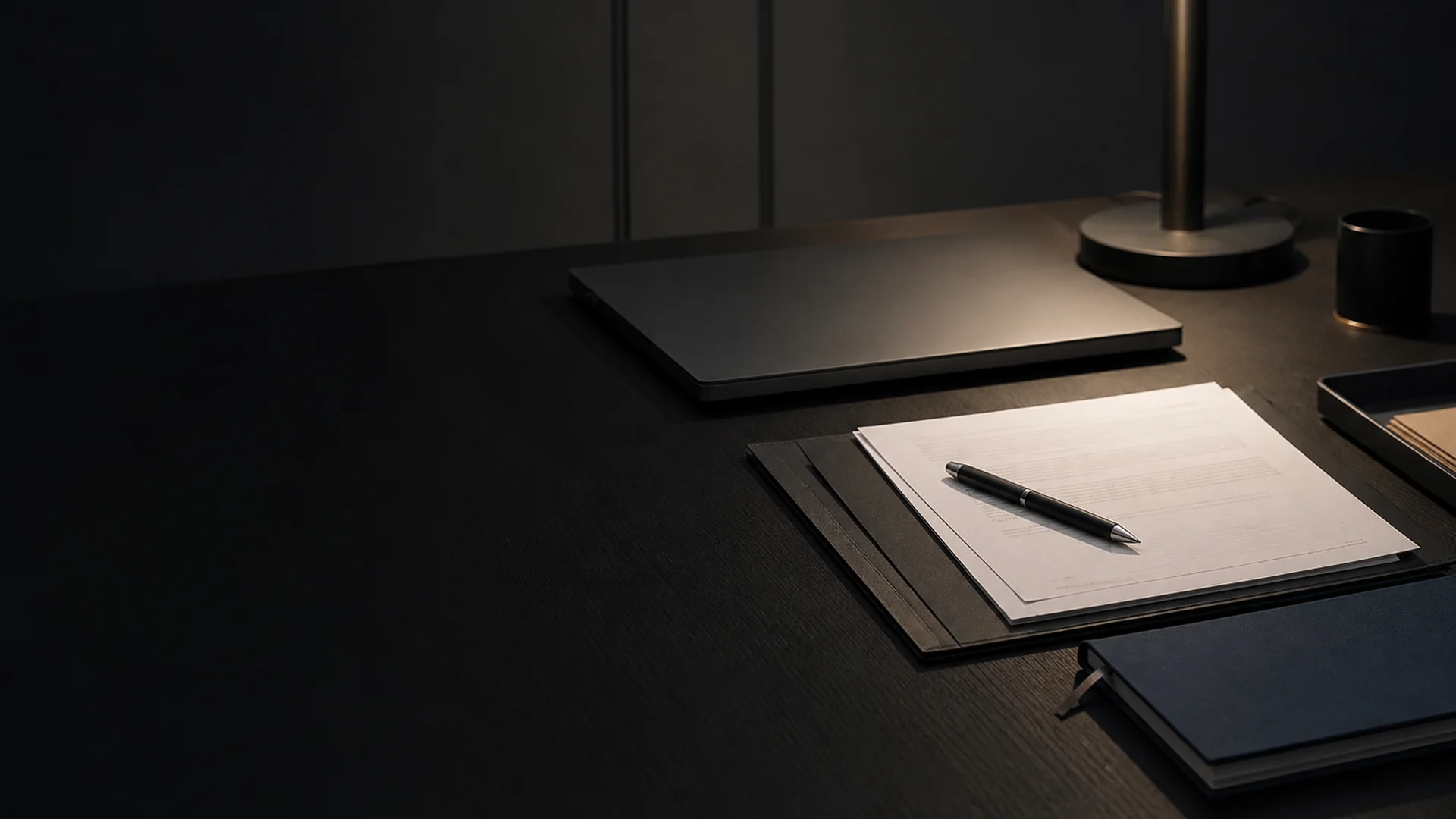 Documents sobres poses sur un bureau professionnel sombre.